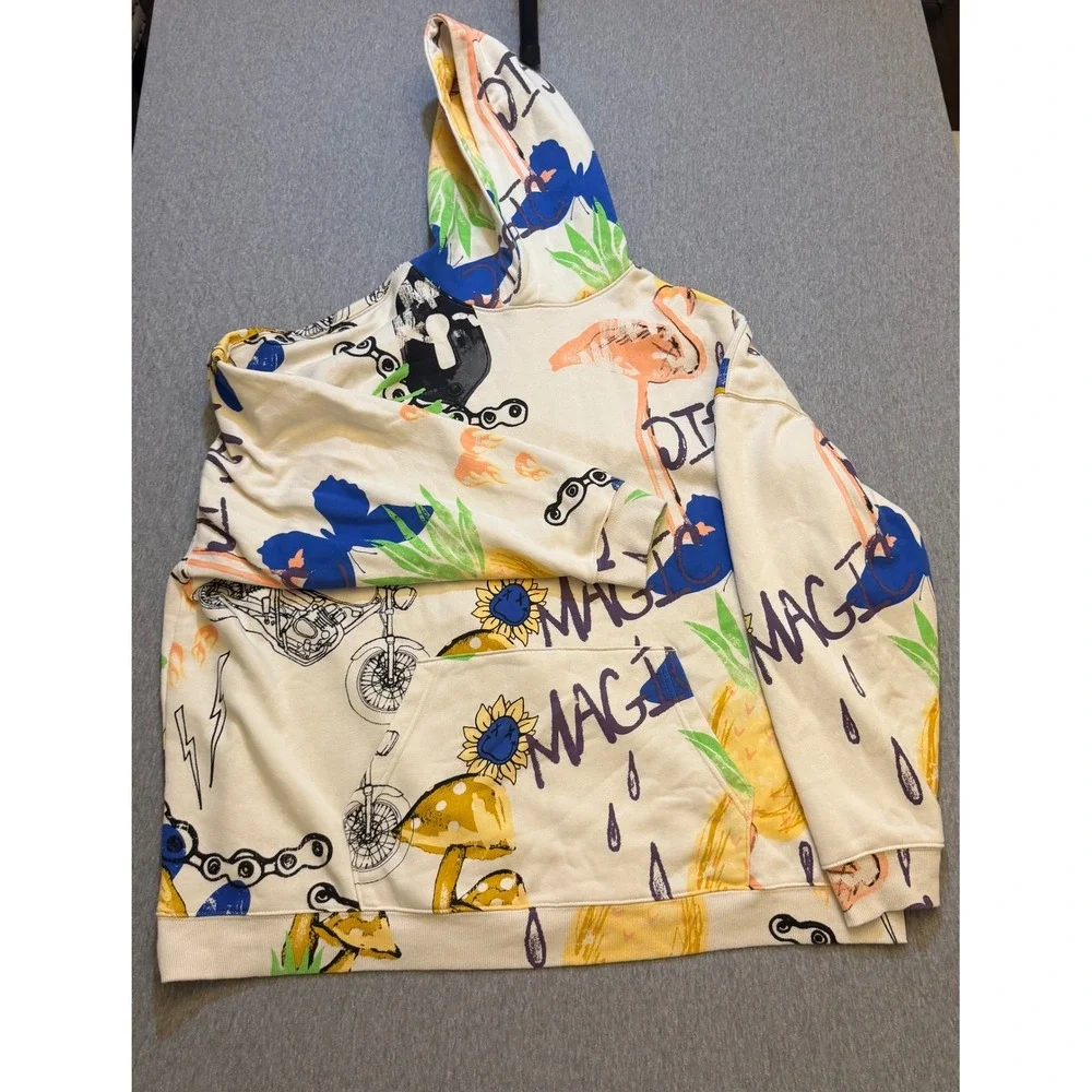 No Boundaries Mens 3XL Oversized Hoodie Doodle Print Mushroom Flamingo Cream